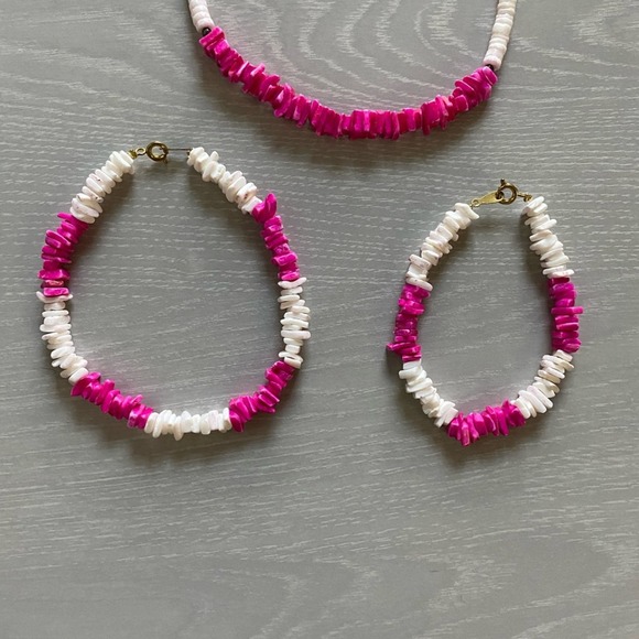 Puka Shell Bundle! 1990’s Necklace Bracelet and Anklet! White Hot Pink Pearl - Picture 4 of 7